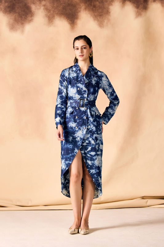 Tie and Dye Chambray Tulip Hem Blazer Dress