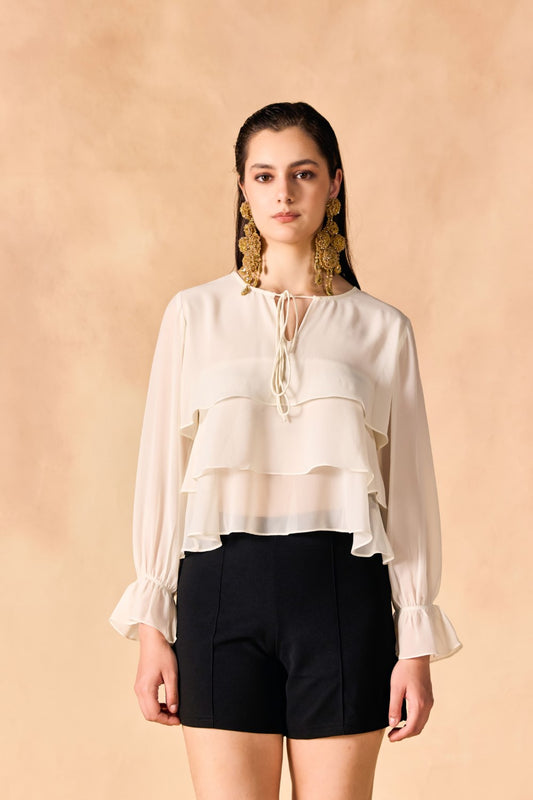 Casual Layered White Georgette Crop Top