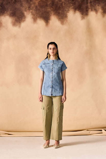 Short Sleeve Button-Up Stone Washed Denim Shirt