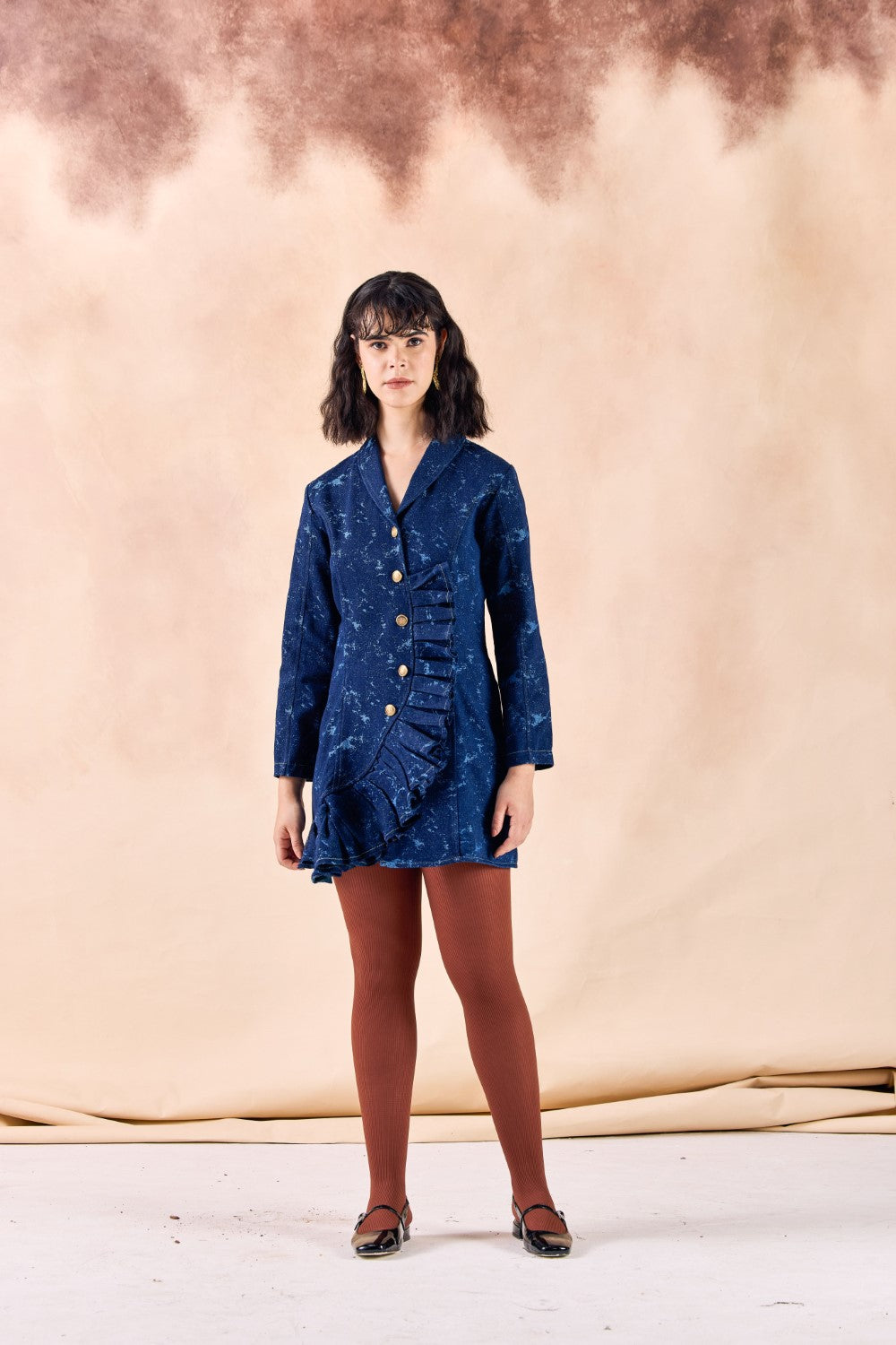 Lapel Collar Frilled Blazer Textured Denim Short Dress