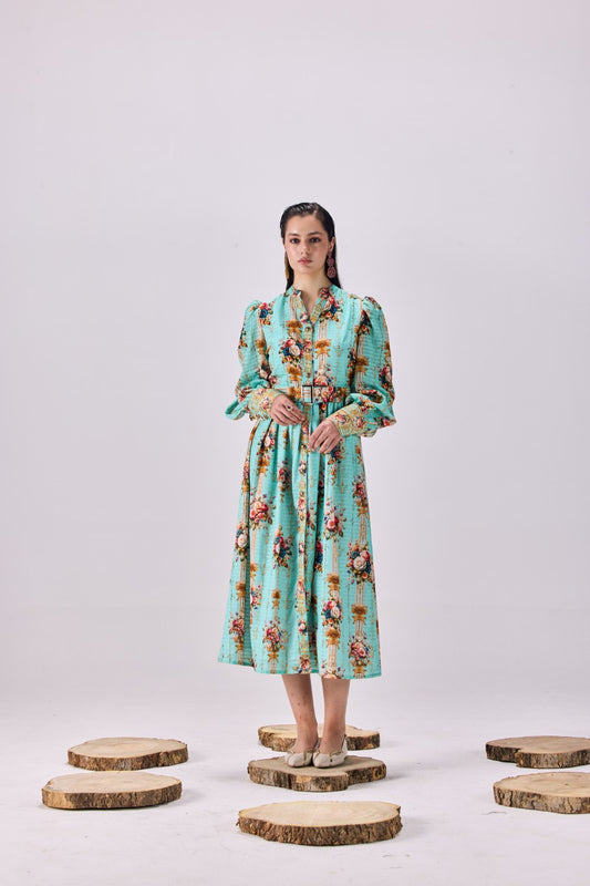 Vintage Floral Stripe Button-Up Maxi Shirtdress