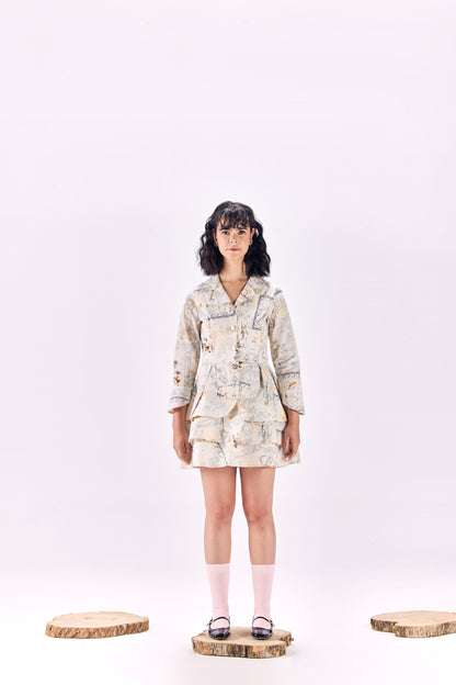 Button-Up Renaissance King Print Twill Layered Short Dress