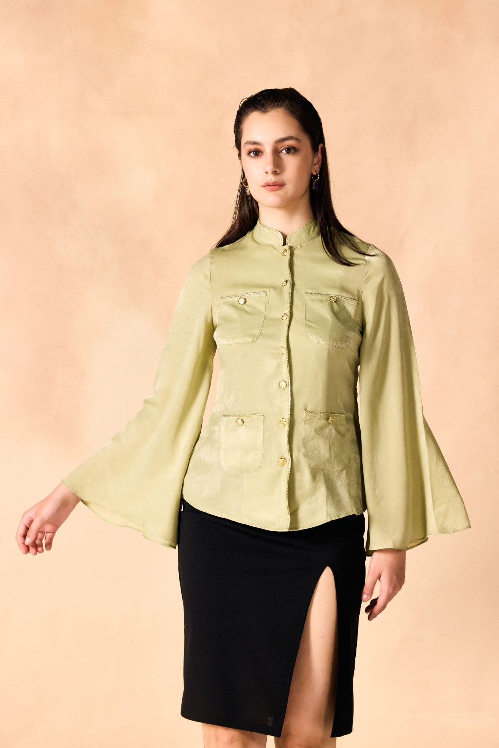 Gold Piped Trim Bell Sleeves Shirt
