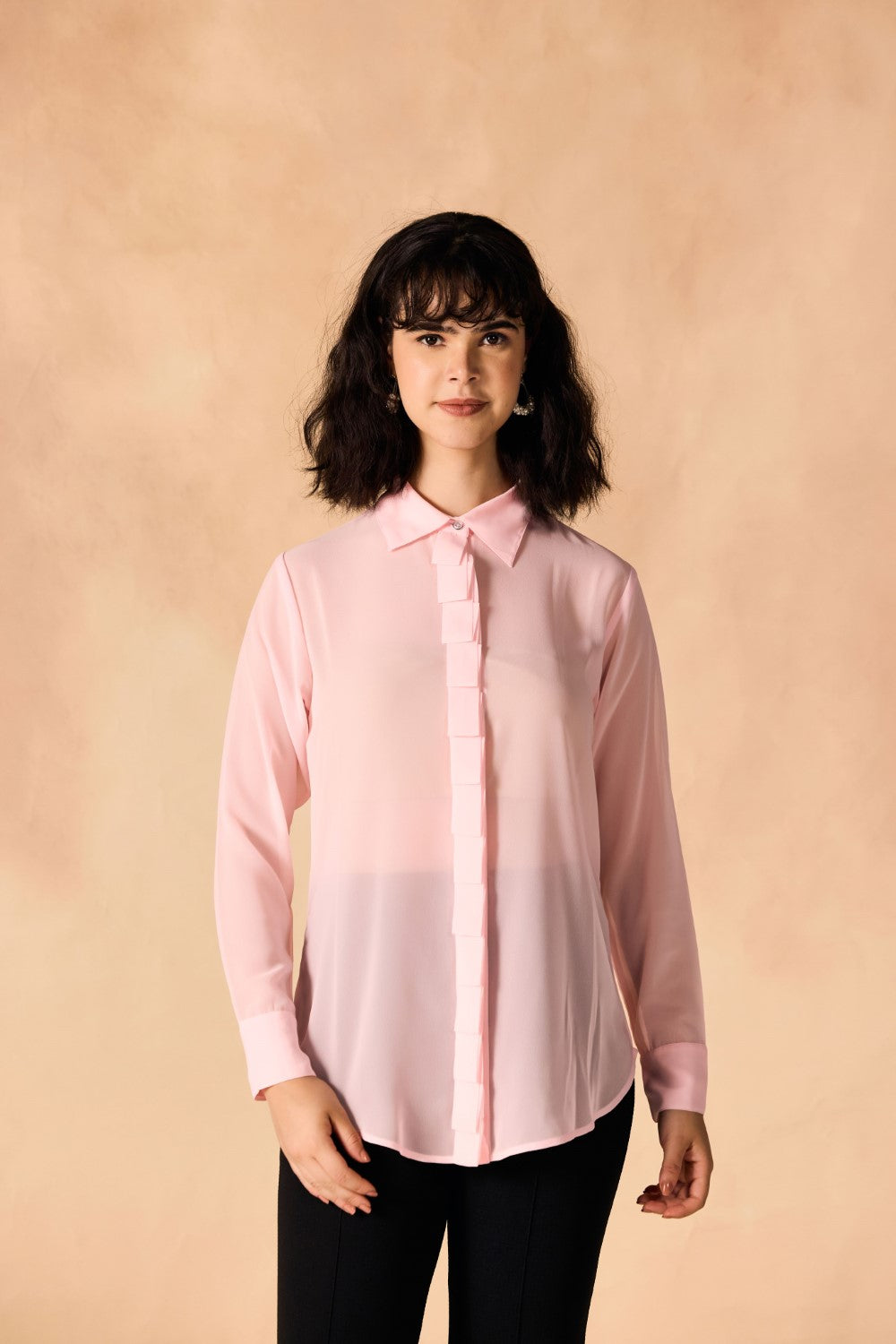 Pink Sheer Georgette Pleated Placket Full Sleeves Casual Shirt