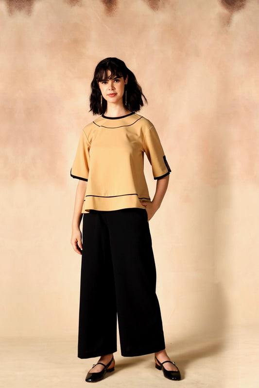 Casual Contrast Banded Round Neck Top & Palazzo Co-Ord Set