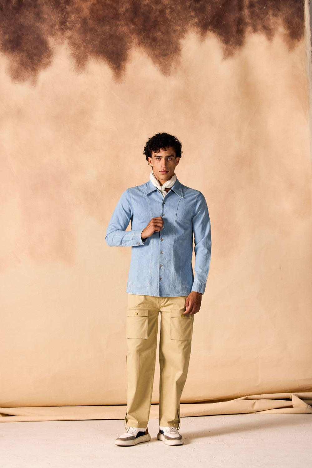 Ice Wash Denim Button-Up Paneled Shirt