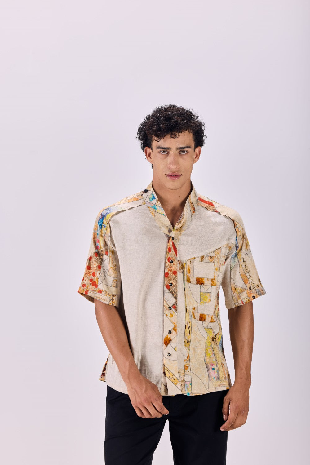 Nouvean Art Print V-Neck Paneled Shirt