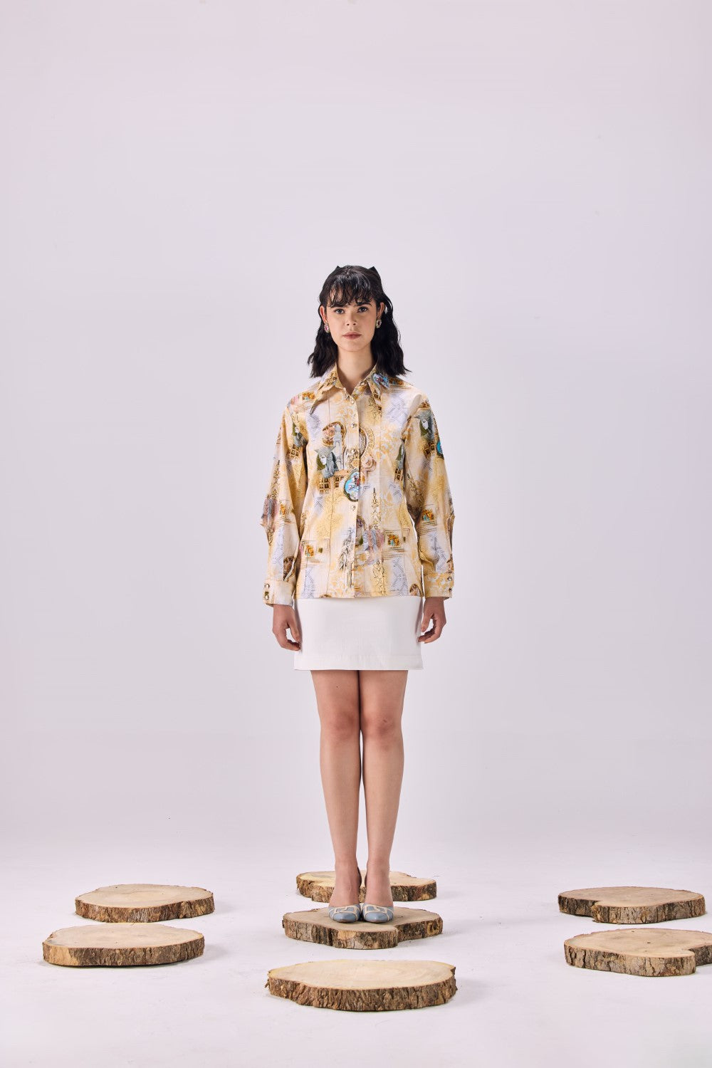 Pintuck Pleated Button-Up Kingdom of Egypt Print Shirt