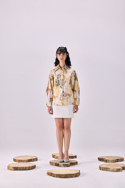 Pintuck Pleated Button-Up Kingdom of Egypt Print Shirt