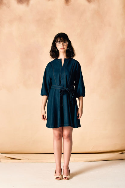 Contrast Stitch Tie Waist Flared Denim Tweed Dress
