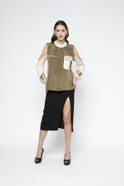 Two-Tone Cut-out Sleeves Top