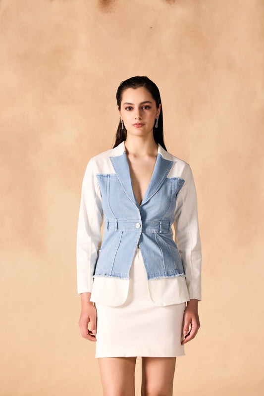 Denim Paneled Fringed Twill Structured Jacket