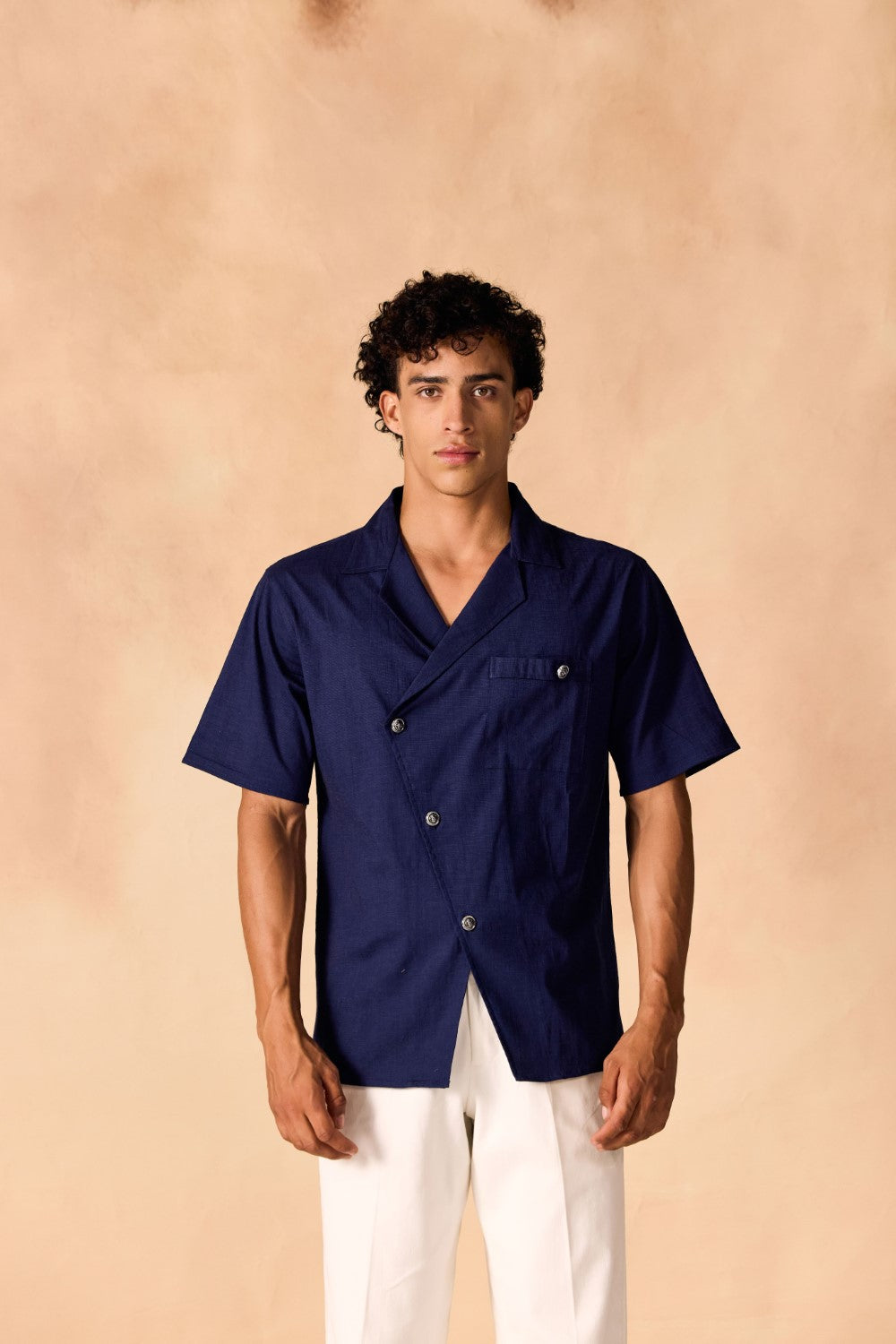 Overlapping Notched Lapel Collar Casual Cotton Shirt