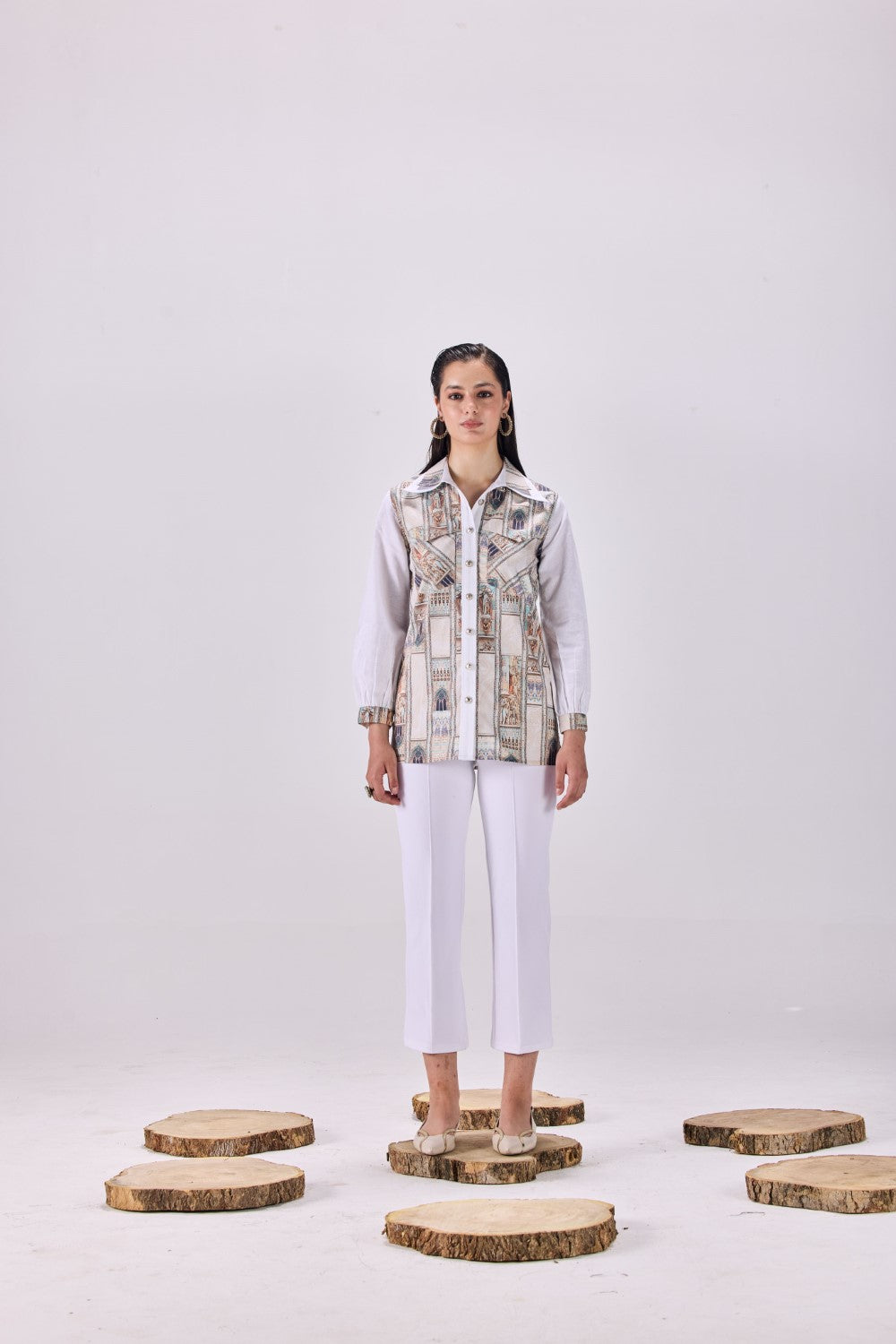 Double Collar Button-Up Ancient Roman  Print Shirt