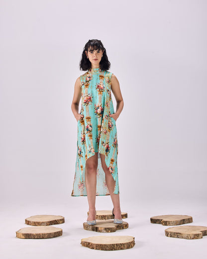 High Neck Vintage Floral Stripe Cotton Dobby Shift Dress