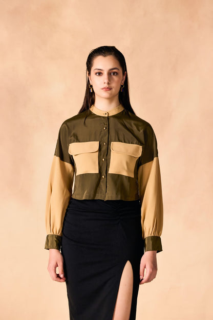 Colorblocked Front Pocket Button-Down Crop Shirt