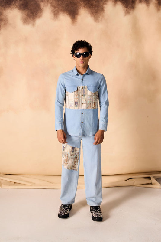 Ancient Roman Print Yoke Denim Shirt & Trouser Co-ord Set