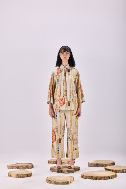 Nouvean Art Print Tie Neck Top & Pant Co-ord Set