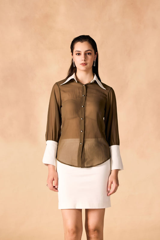 Button-Up Contrast Collar & Oversized Cuffs Georgette Sheer Shirt