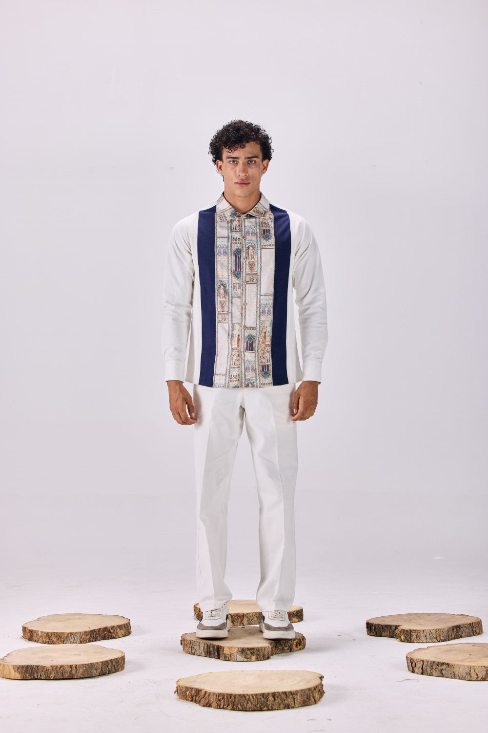 Pintuck Pleated Ancient Roman Print Button-Up Shirt