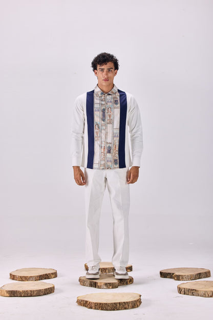 Pintuck Pleated Ancient Roman Print Button-Up Shirt