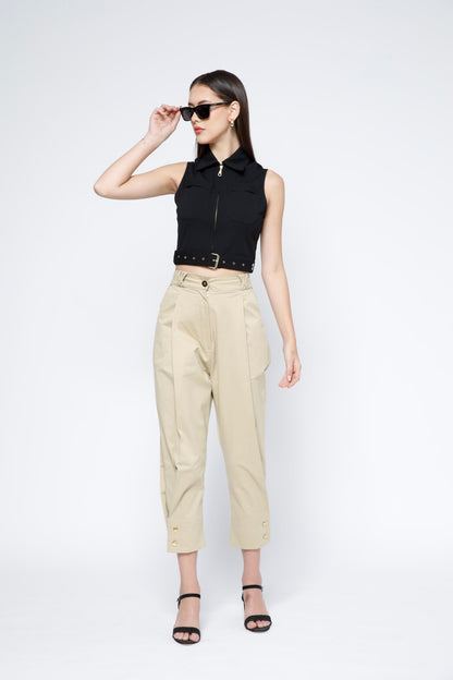 Gold Metal Zip Belted Crop Top