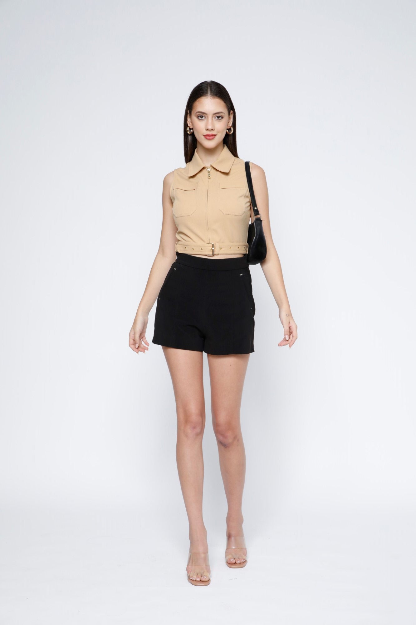 Gold Metal Zip Belted Crop Top