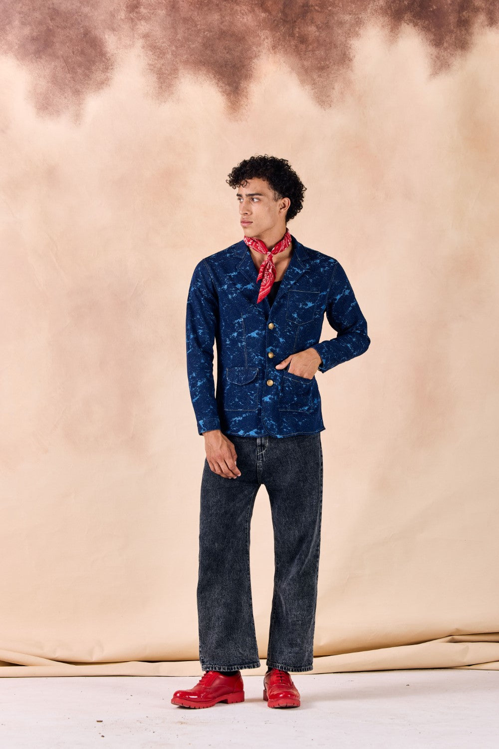 Lapel Collar Button-Up Textured Denim Blazer Jacket