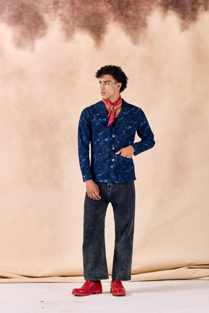 Lapel Collar Button-Up Textured Denim Blazer Jacket