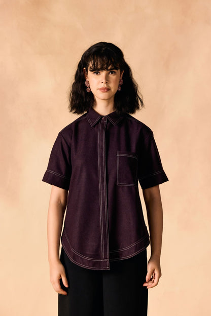 Contrast Stitch Button-Up Casual Oversized Shirt