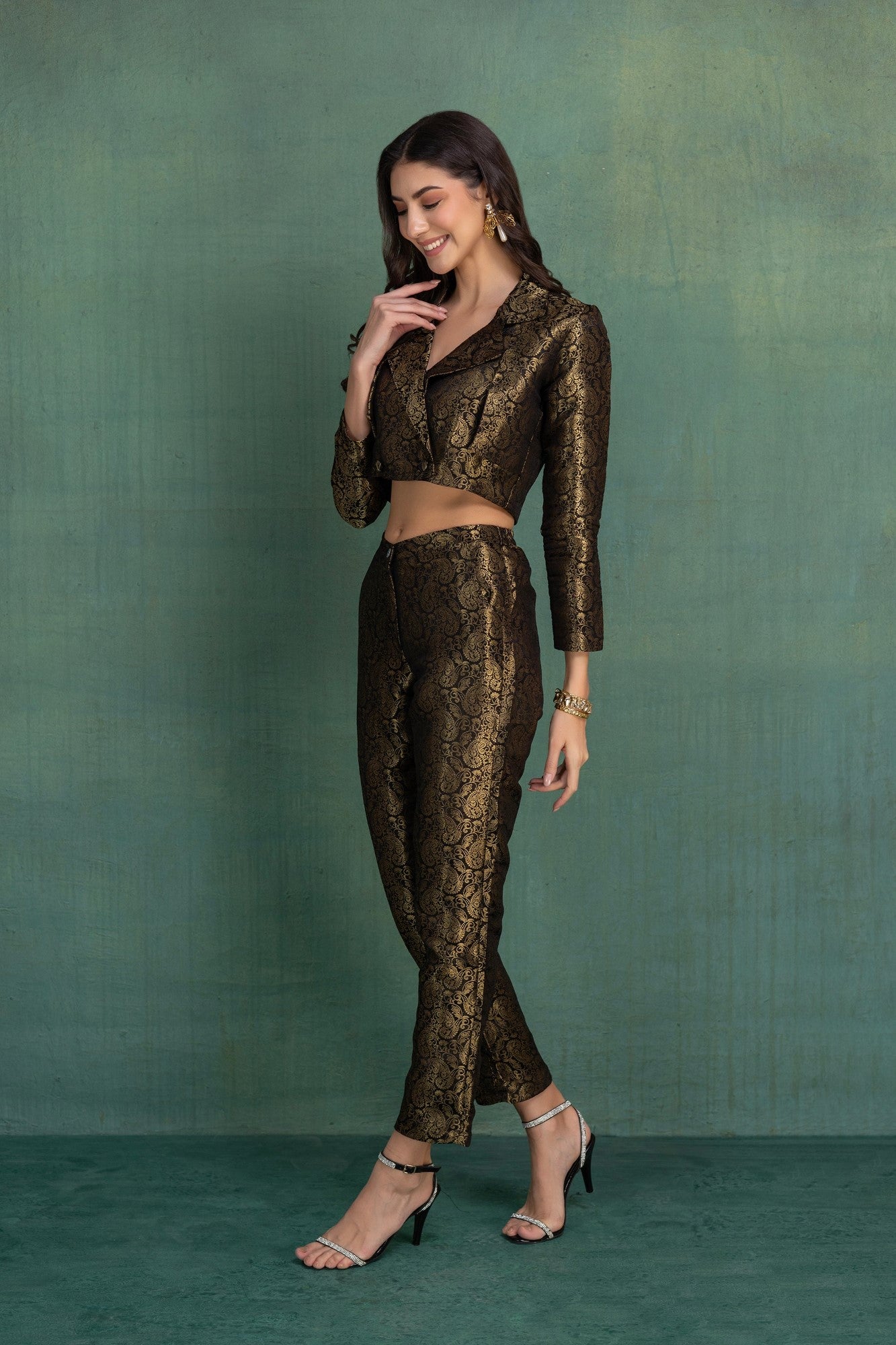 Midnight Brocade Pants With Crop Jacket