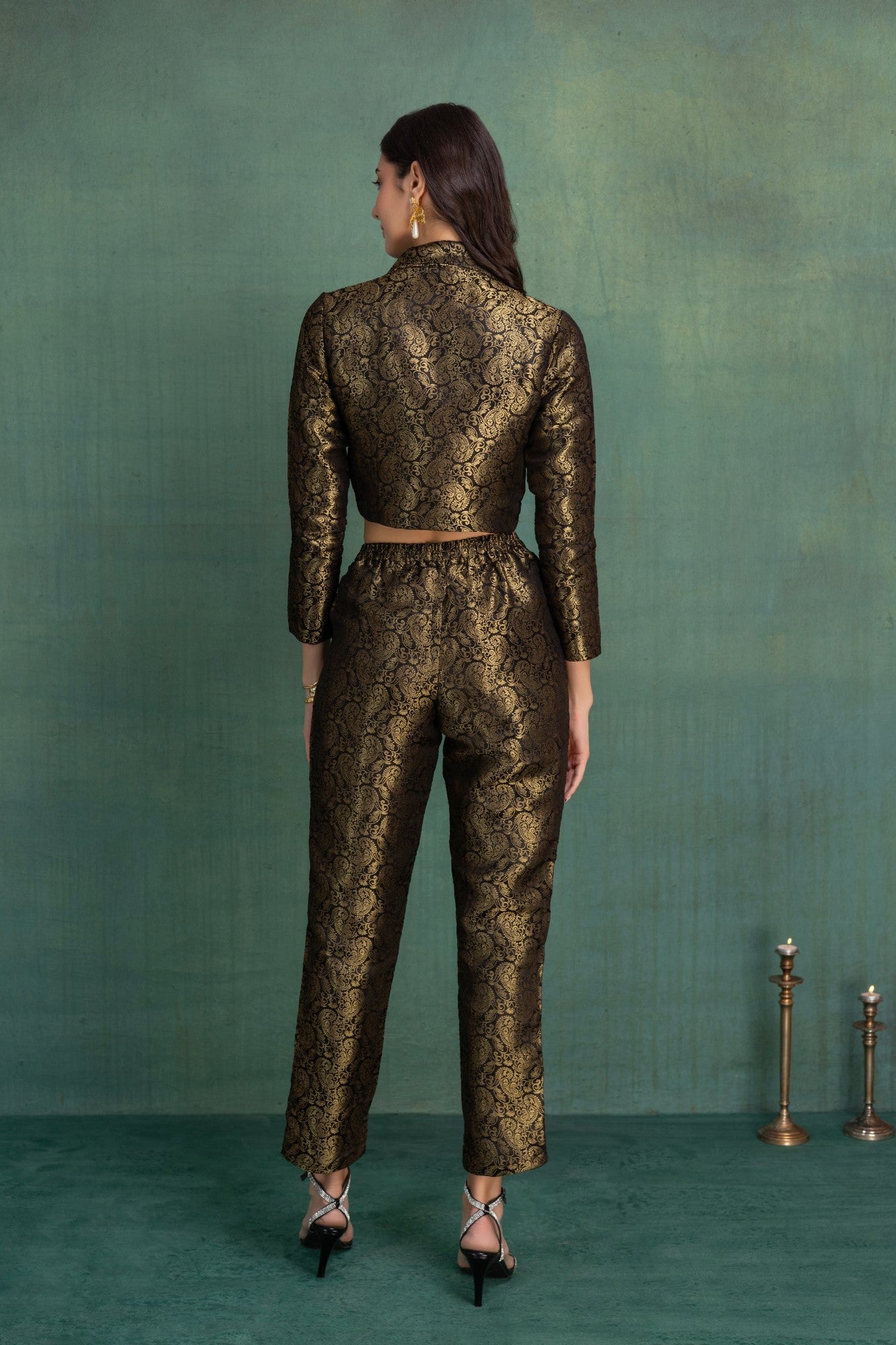 Midnight Brocade Pants With Crop Jacket