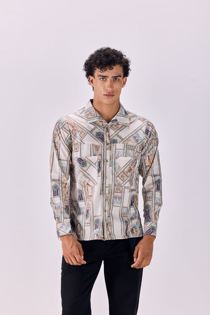 Ancient Roman Print Button-Up Drop Pocket Shirt