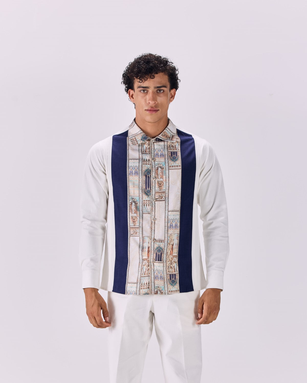 Pintuck Pleated Ancient Roman Print Button-Up Shirt