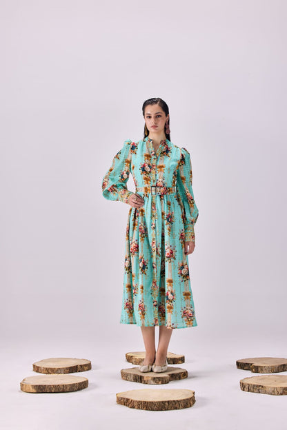 Vintage Floral Stripe Button-Up Maxi Shirtdress