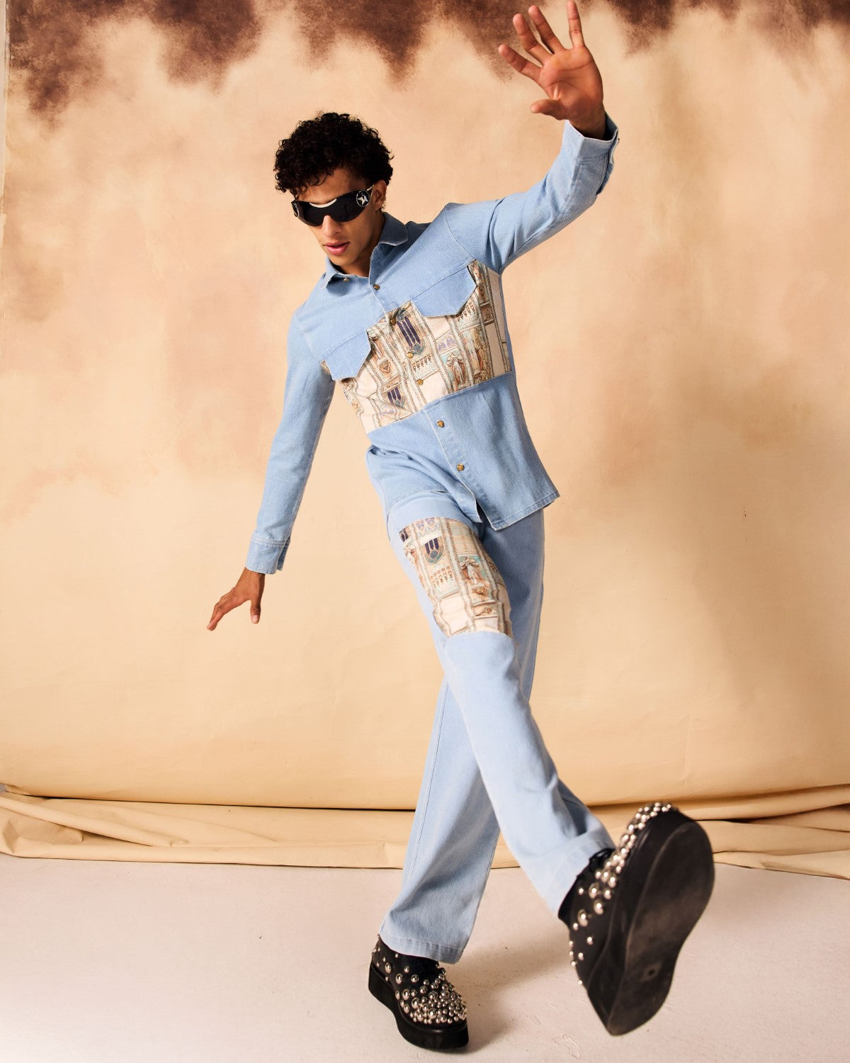 Ancient Roman Print Yoke Denim Shirt & Trouser Co-ord Set