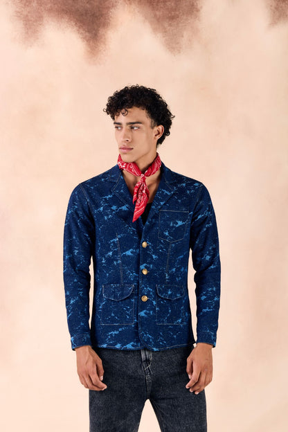 Lapel Collar Button-Up Textured Denim Blazer Jacket