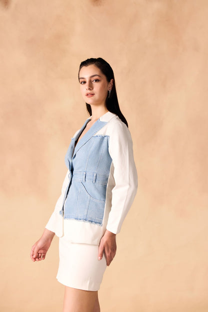 Denim Paneled Fringed Twill Structured Jacket