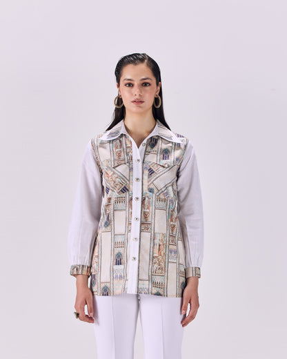 Double Collar Button-Up Ancient Roman  Print Shirt