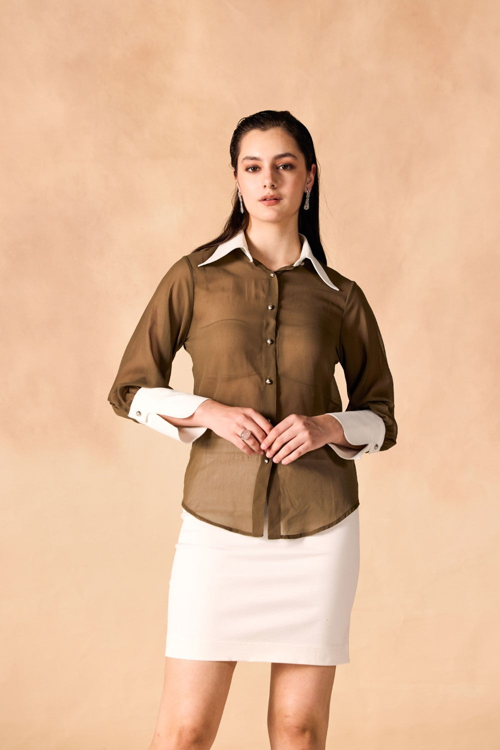 Button-Up Contrast Collar & Oversized Cuffs Georgette Sheer Shirt