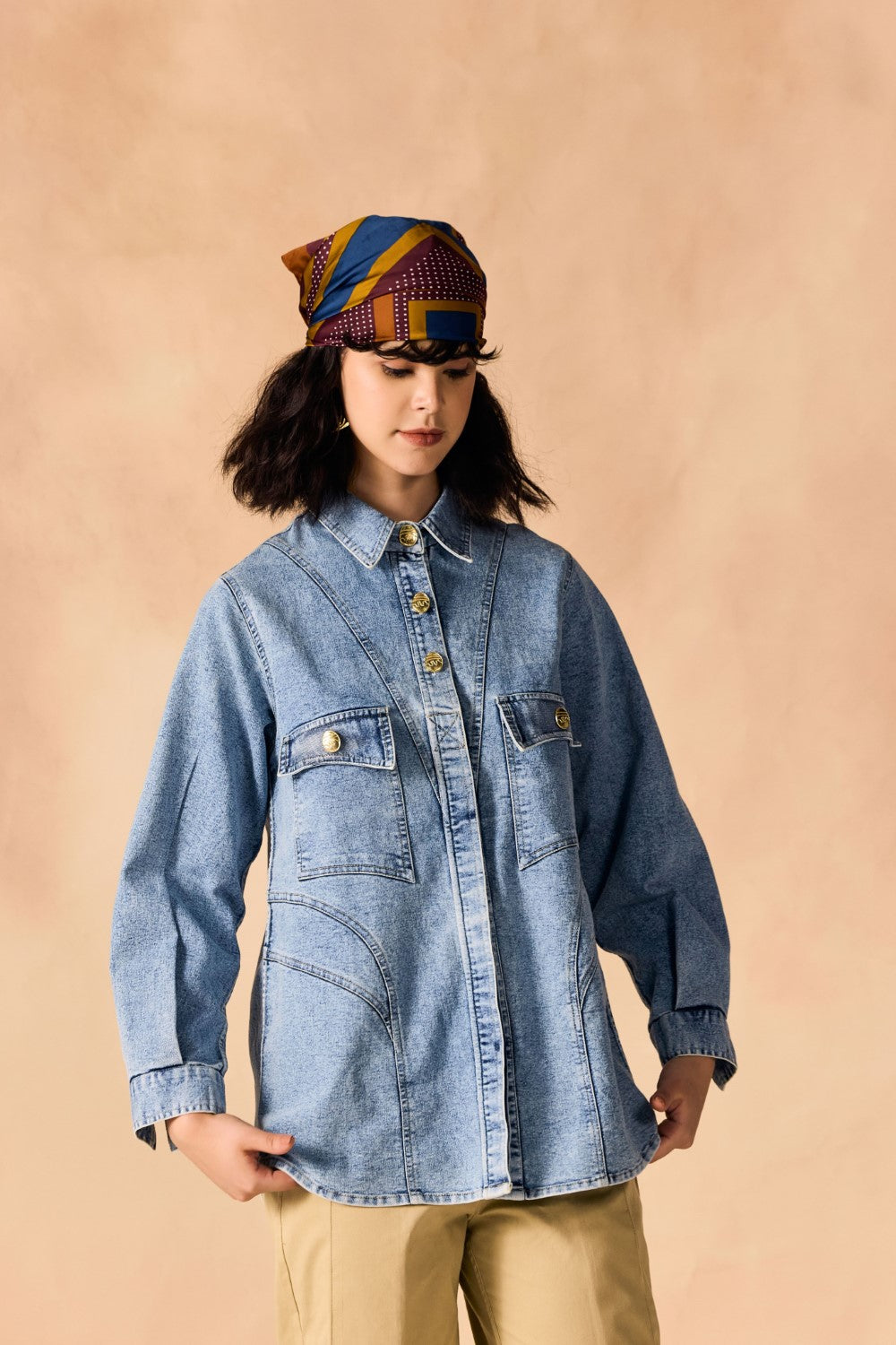 Oversized Stone Wash Denim Button-up Shirt