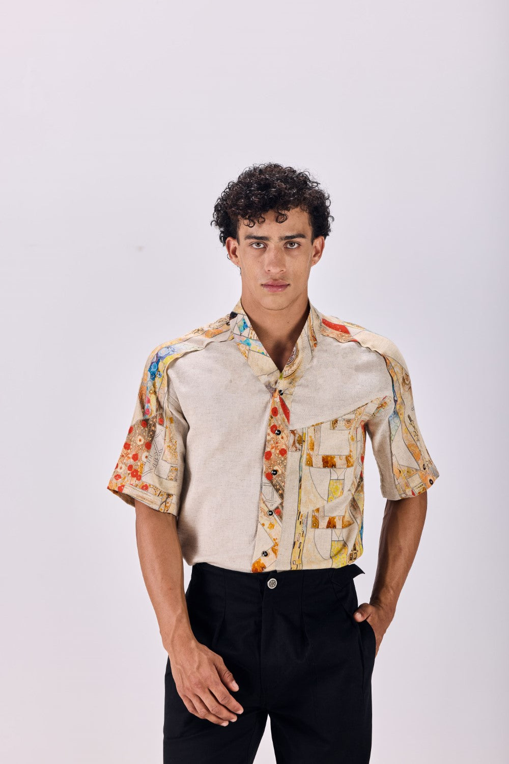 Nouvean Art Print V-Neck Paneled Shirt