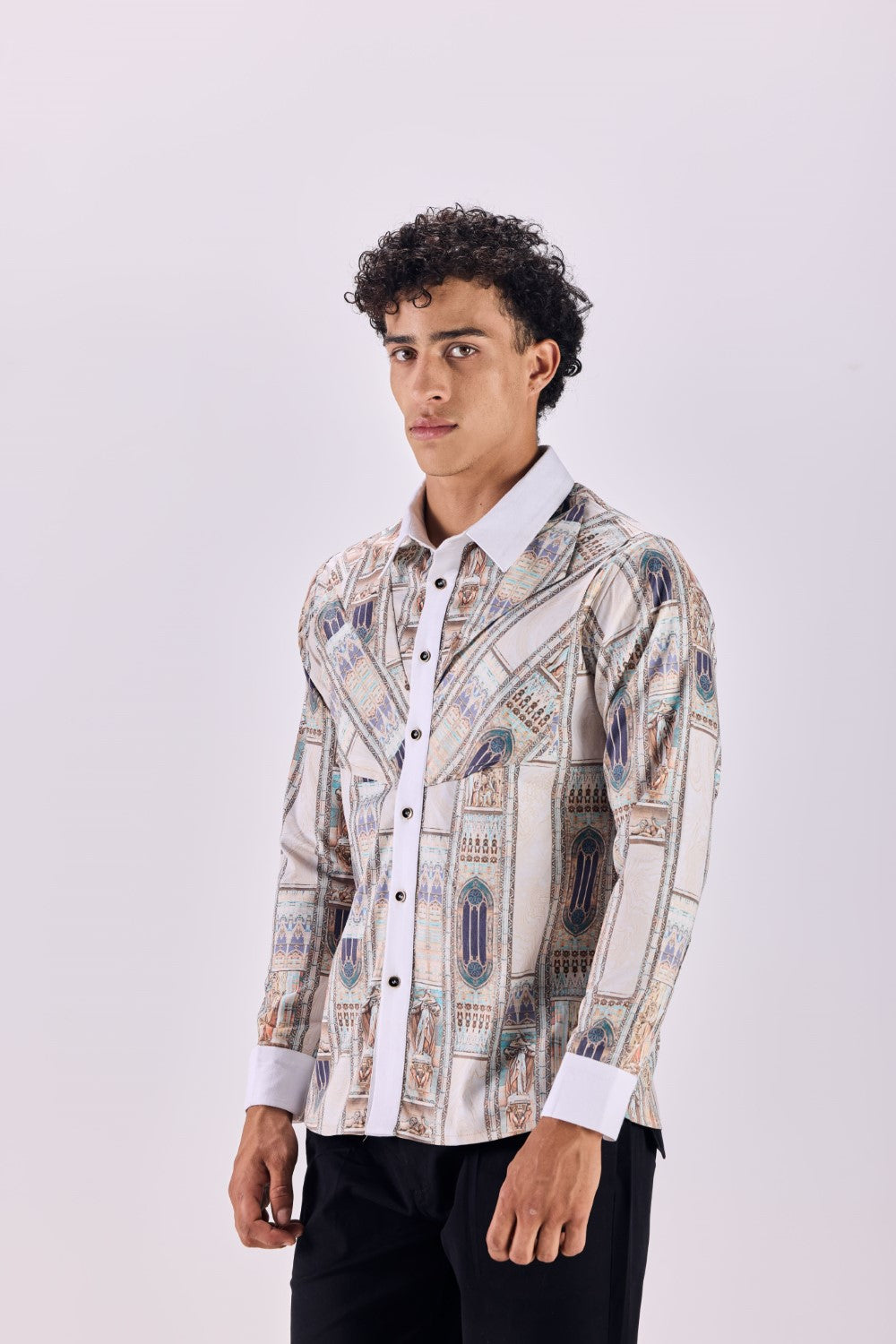 Contrast Collar Ancient Roman Print Button-Up Shirt