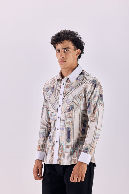 Contrast Collar Ancient Roman Print Button-Up Shirt