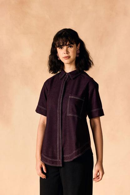 Contrast Stitch Button-Up Casual Oversized Shirt