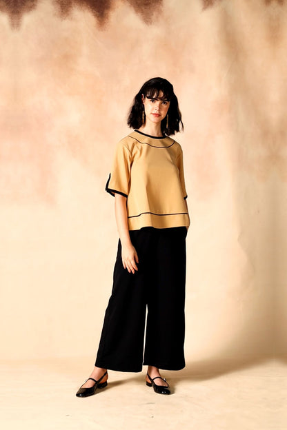 Casual Contrast Banded Round Neck Top & Palazzo Co-Ord Set