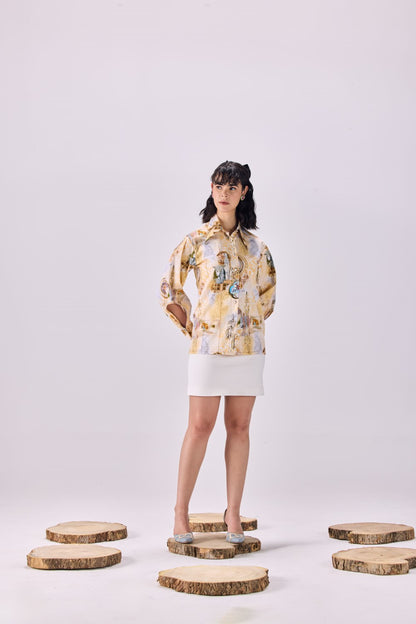 Pintuck Pleated Button-Up Kingdom of Egypt Print Shirt