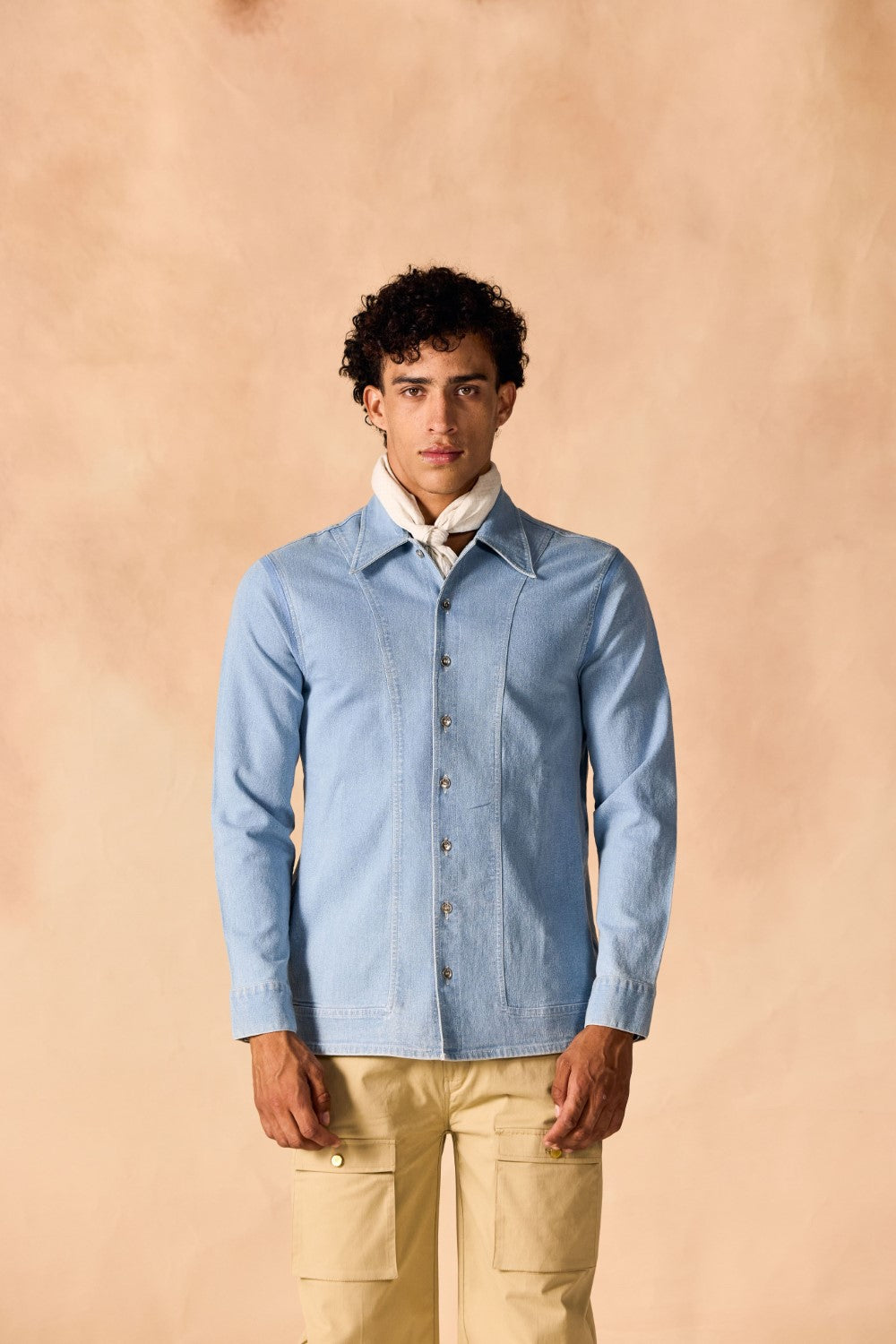 Ice Wash Denim Button-Up Paneled Shirt