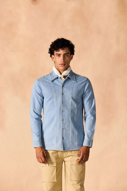 Ice Wash Denim Button-Up Paneled Shirt