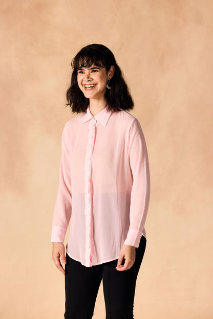 Pink Sheer Georgette Pleated Placket Full Sleeves Casual Shirt